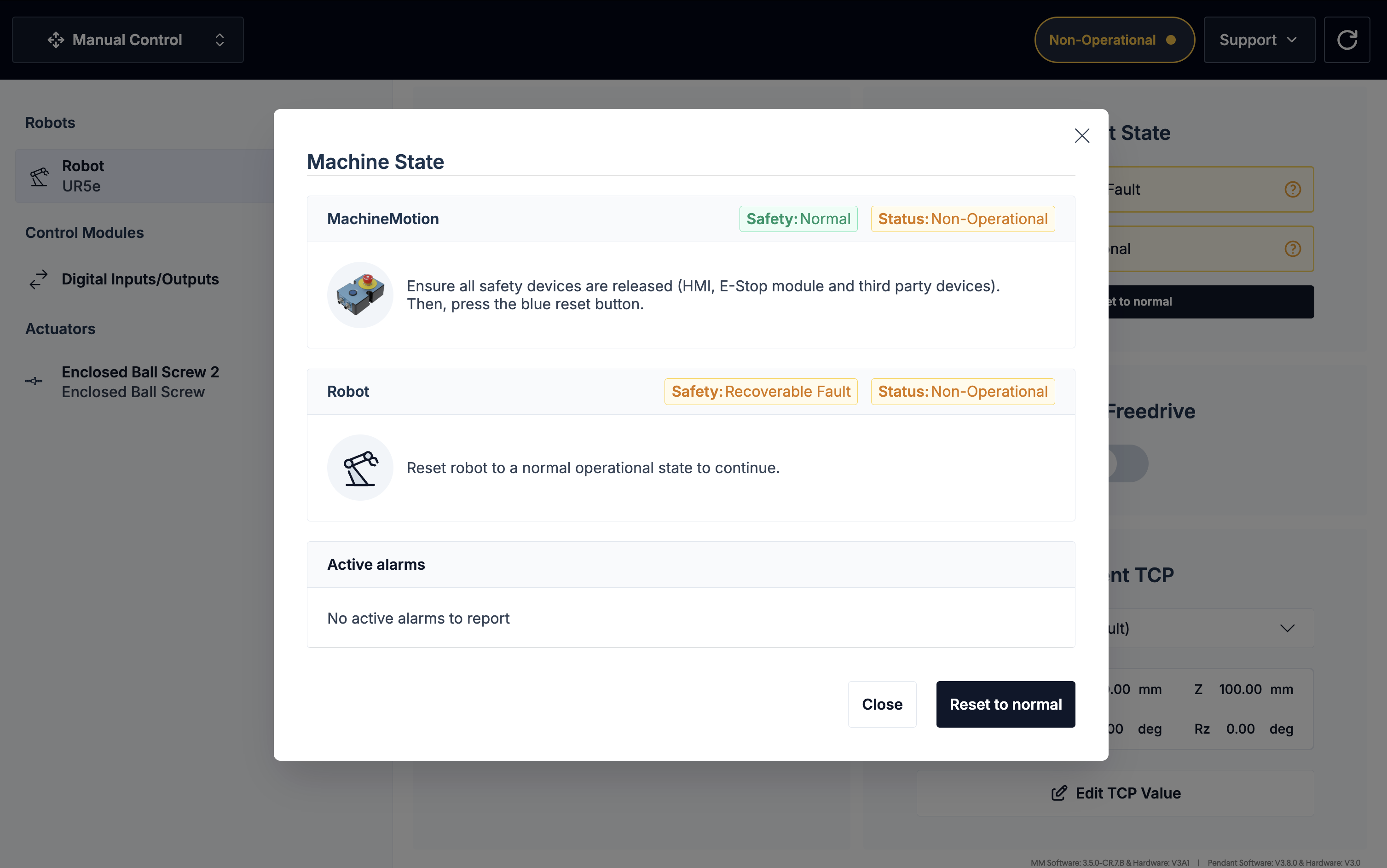 Machine state interface showing robot status and reset instructions for operational continuity.